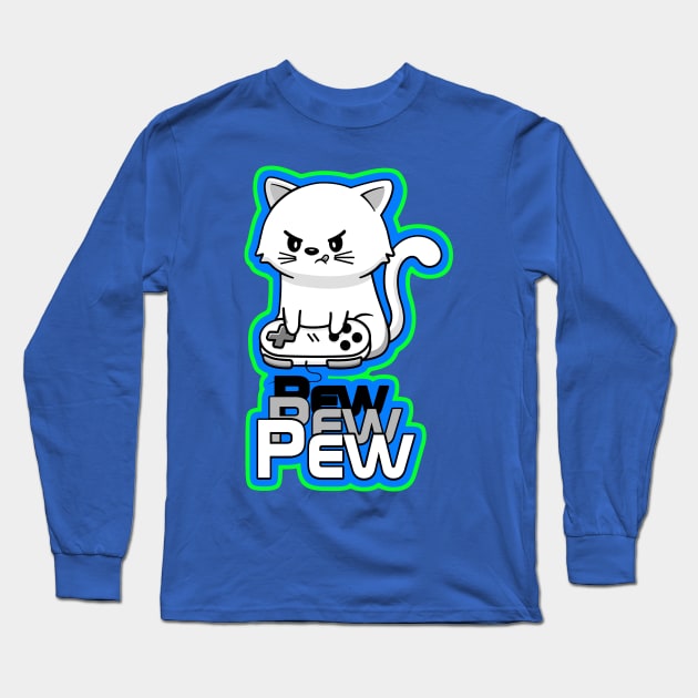 Gamer Cat Pew Pew Pew Long Sleeve T-Shirt by AlondraHanley